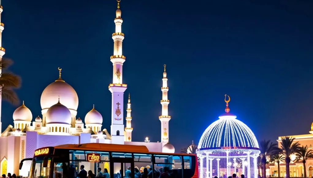 Abu Dhabi landmarks lit up at night during Ramadan.