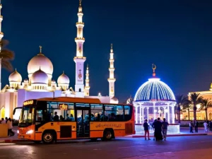 Abu Dhabi landmarks lit up at night during Ramadan.