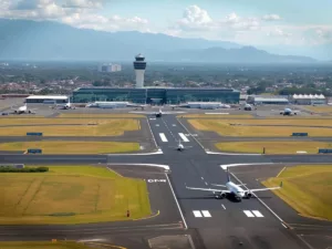 Jomo Kenyatta Airport with planes and Nairobi cityscape