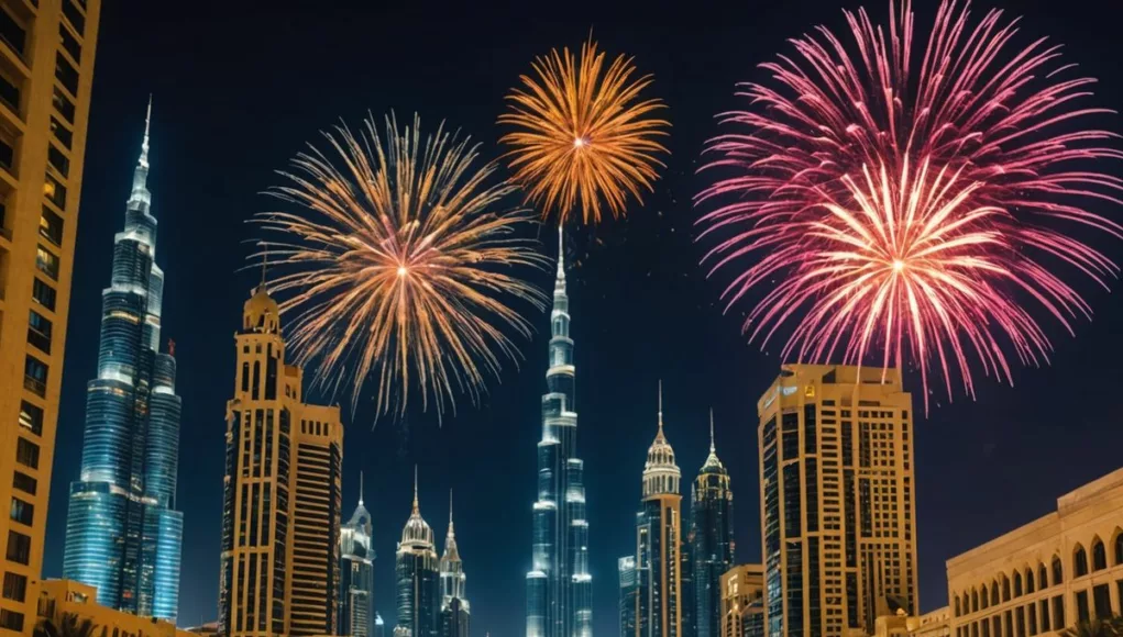 Dubai skyline with Diwali fireworks and lanterns