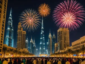 Dubai skyline with Diwali fireworks and lanterns