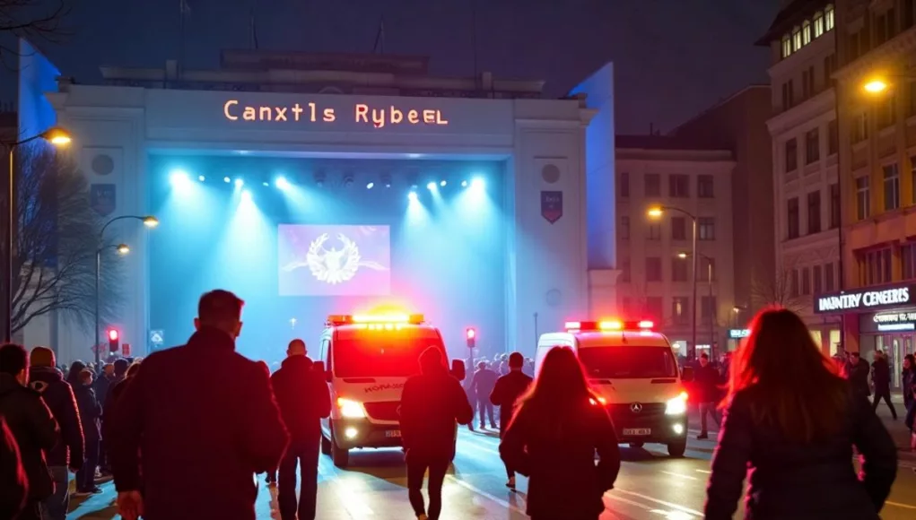 Emergency vehicles and people running outside concert hall