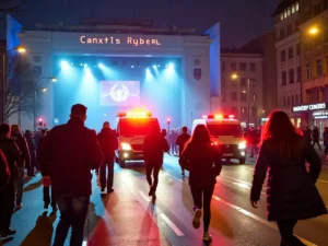 Emergency vehicles and people running outside concert hall