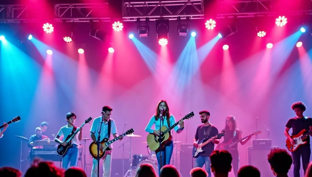 Young musicians performing on stage at Dubai Metro Music Festival.