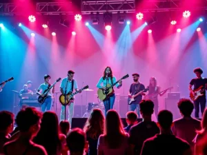 Young musicians performing on stage at Dubai Metro Music Festival.