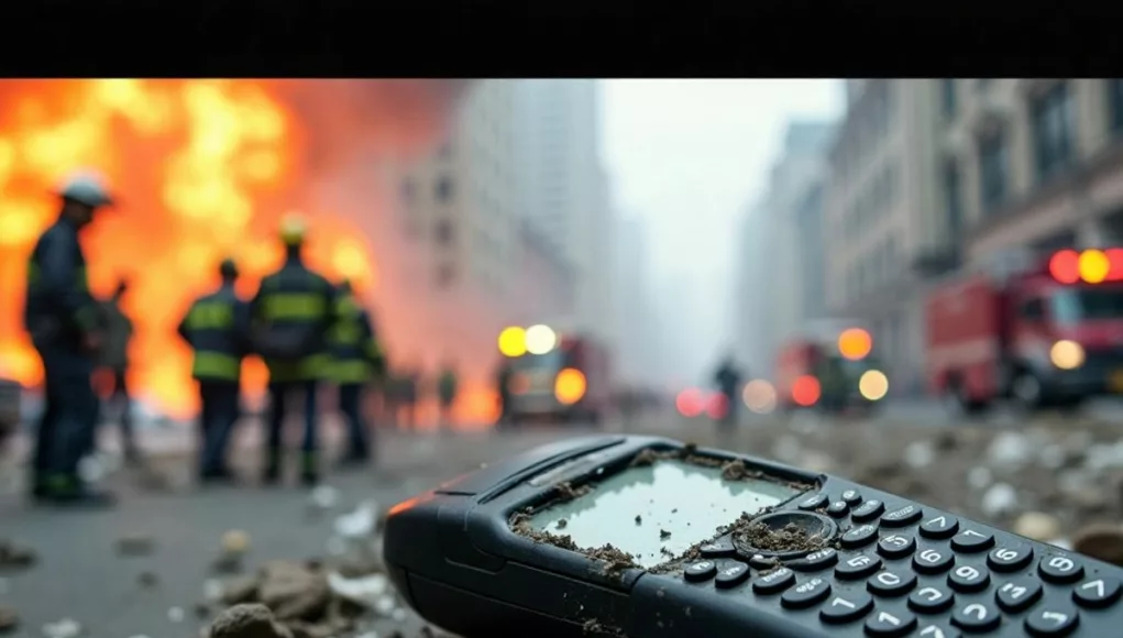 Damaged pager with smoke and debris after explosion.