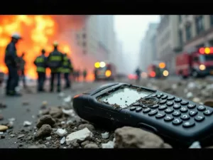 Damaged pager with smoke and debris after explosion.