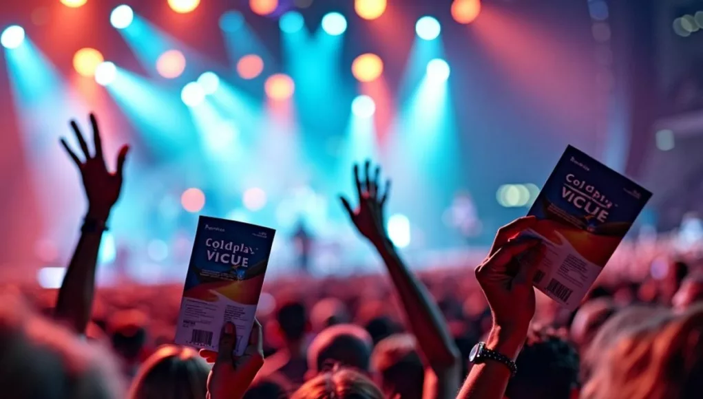 Crowd of fans holding Coldplay concert tickets.