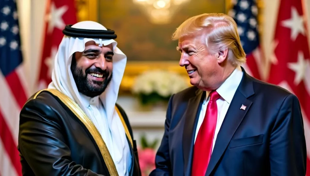 Sheikh Mohamed and Donald Trump shaking hands in a formal setting.