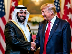 Sheikh Mohamed and Donald Trump shaking hands in a formal setting.