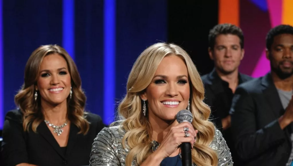 Carrie Underwood at judge's panel with microphone.