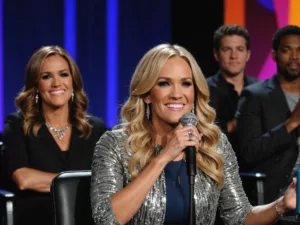 Carrie Underwood at judge's panel with microphone.