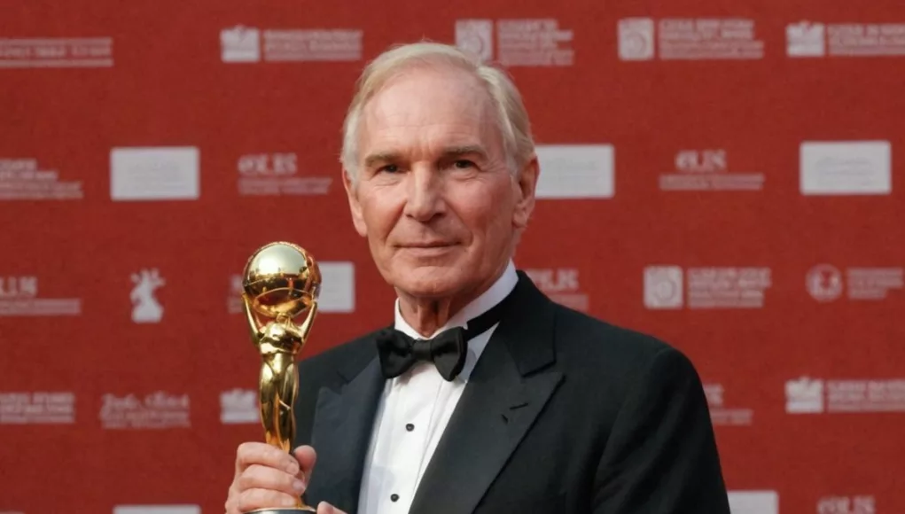 Peter Weir holding award on red carpet.