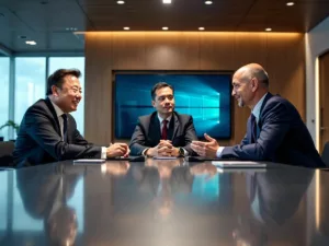 Sheikh Tahnoon, Elon Musk, and Jeff Bezos in discussion.