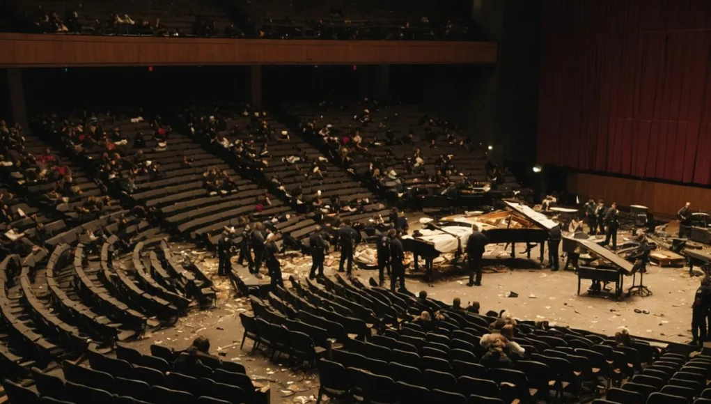 Concert hall with debris and emergency responders