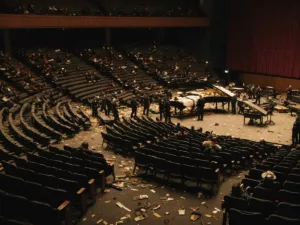 Concert hall with debris and emergency responders