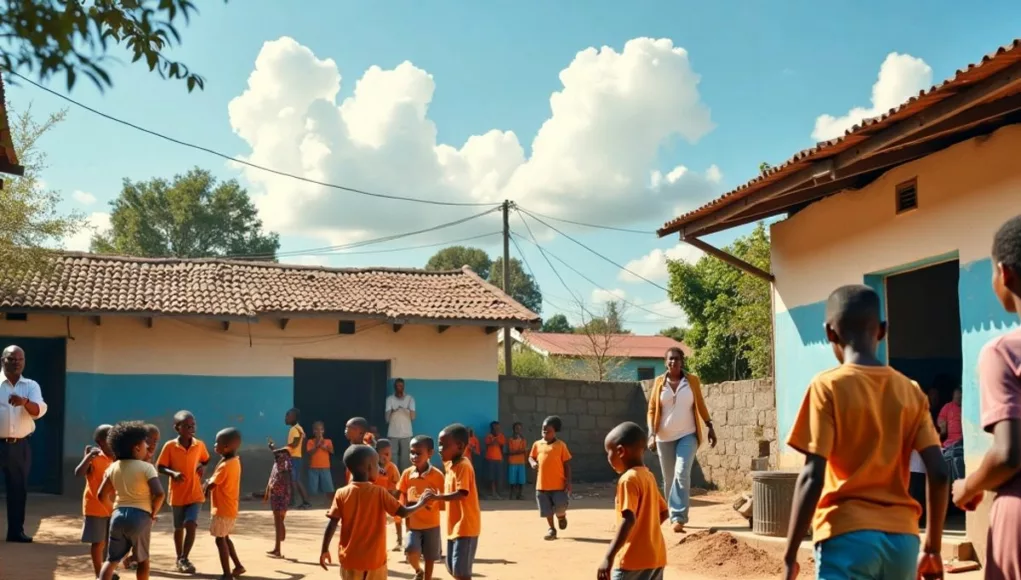 Children playing in a schoolyard after ethnic clashes.