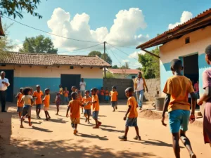 Children playing in a schoolyard after ethnic clashes.