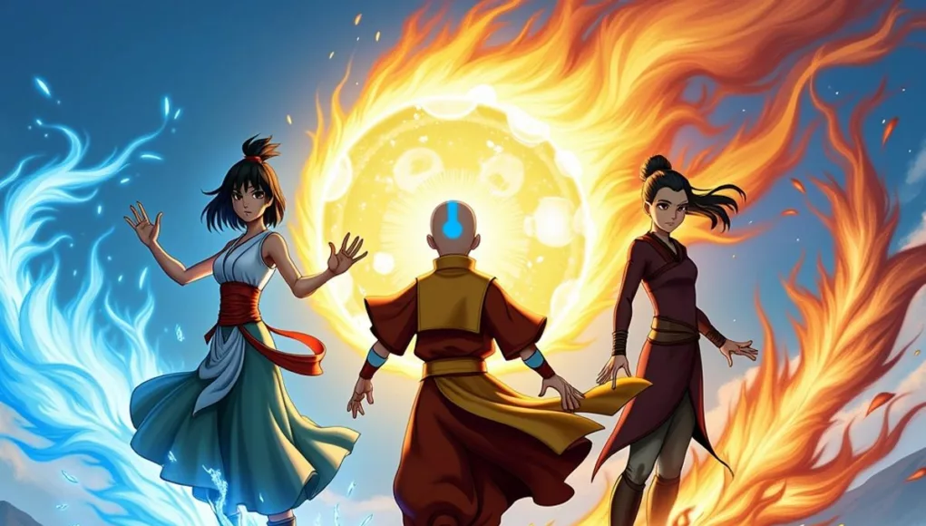 Aang, Katara, and Sokka in action poses with elements.