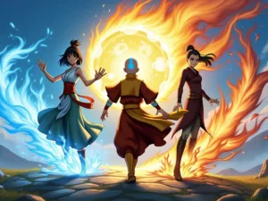 Aang, Katara, and Sokka in action poses with elements.