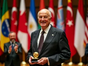 Man holding peace prize trophy on stage.