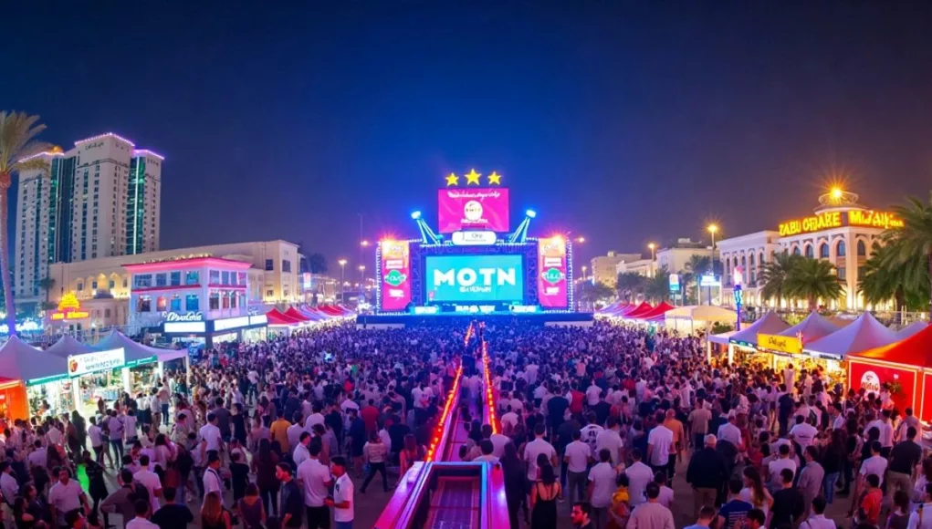 Vibrant festival scene with colorful lights and crowds