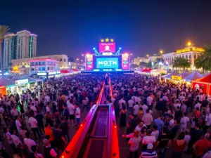 Vibrant festival scene with colorful lights and crowds