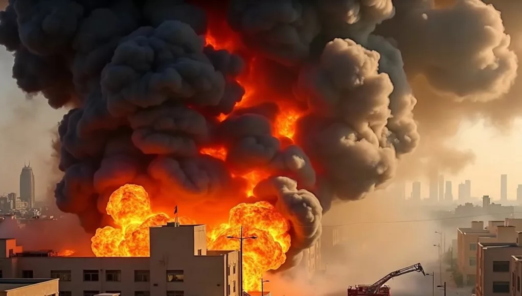 Fire engulfing buildings in Satwa, Dubai, with smoke.