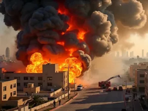 Fire engulfing buildings in Satwa, Dubai, with smoke.