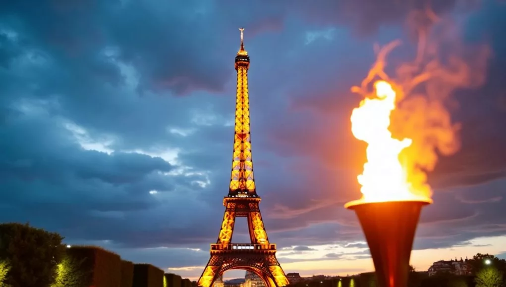 Eiffel Tower with Olympic flame and crowd