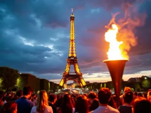 Eiffel Tower with Olympic flame and crowd