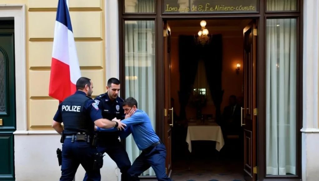 Police detaining intruder outside Iranian Consulate in Paris