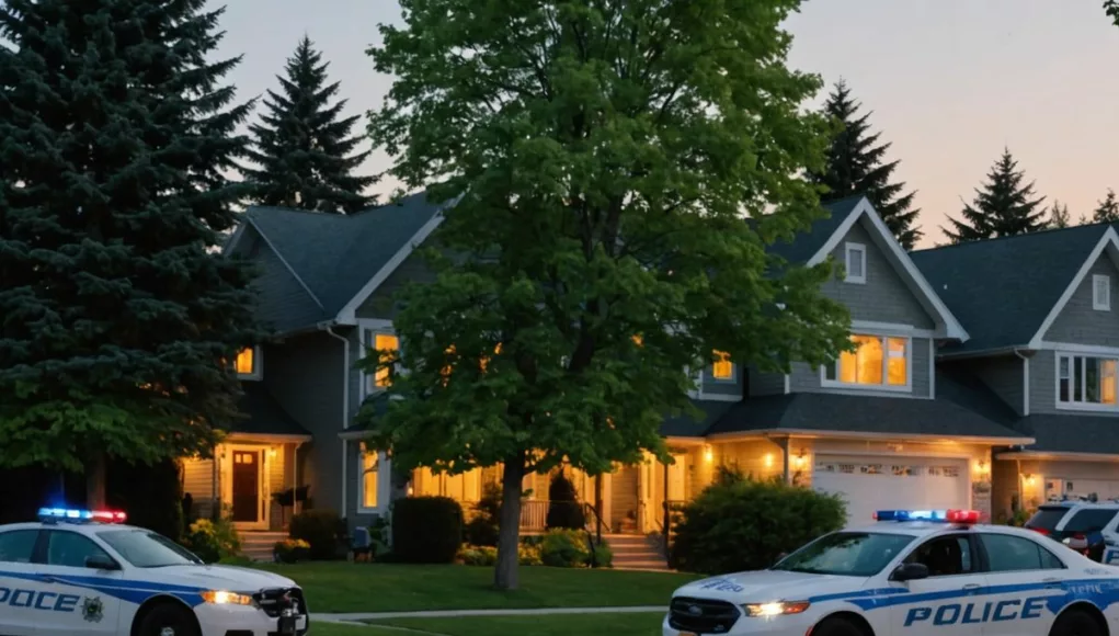 Police cars outside suburban house at dusk