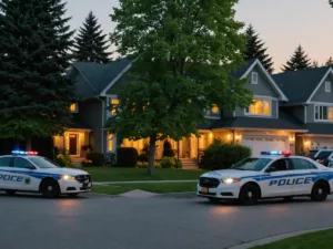 Police cars outside suburban house at dusk