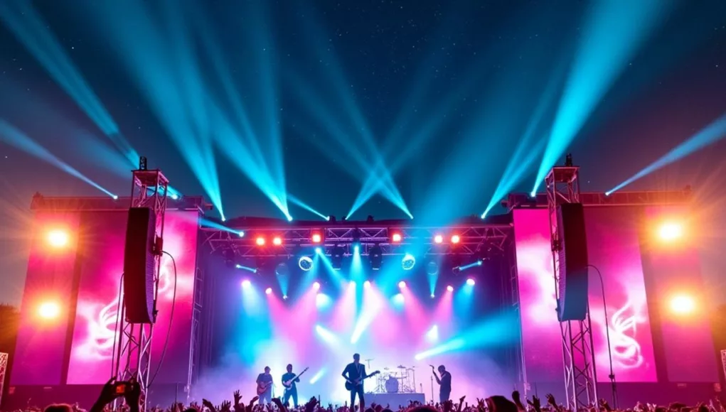 Crowd enjoying a concert with colorful stage lights.