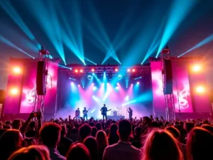 Crowd enjoying a concert with colorful stage lights.