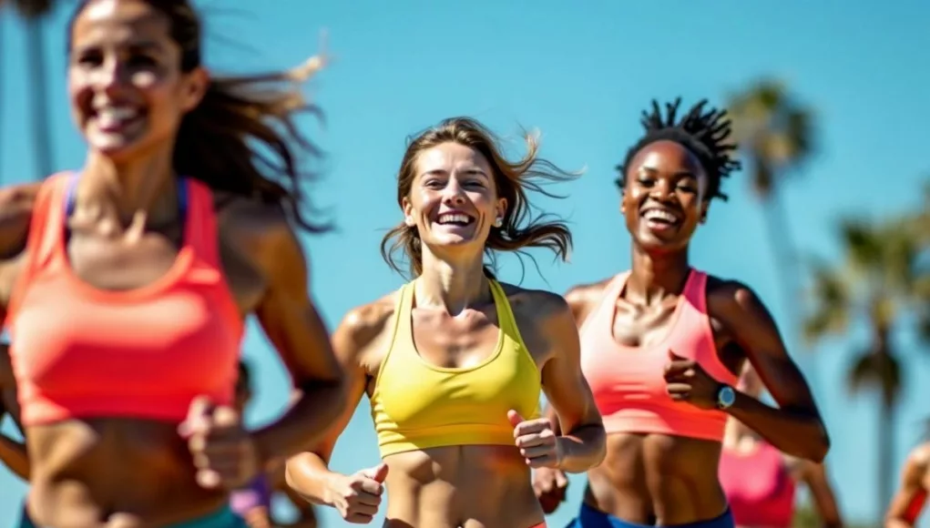 Women running together in vibrant athletic outfits.