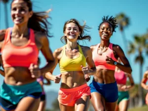 Women running together in vibrant athletic outfits.