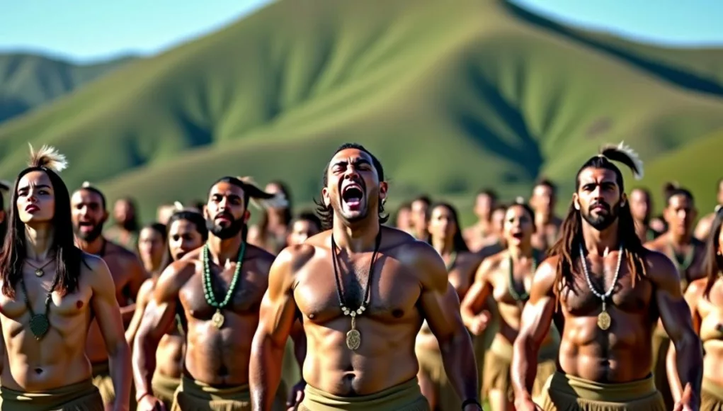 Group performing haka in traditional Māori attire outdoors.