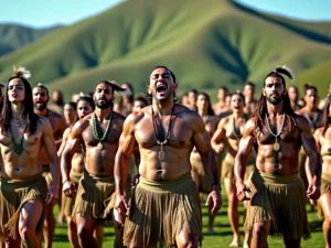 Group performing haka in traditional Māori attire outdoors.