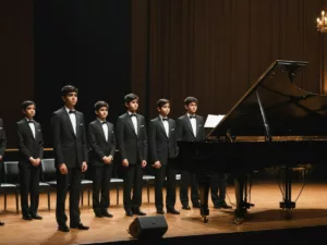 Young pianists beside a grand piano on stage.