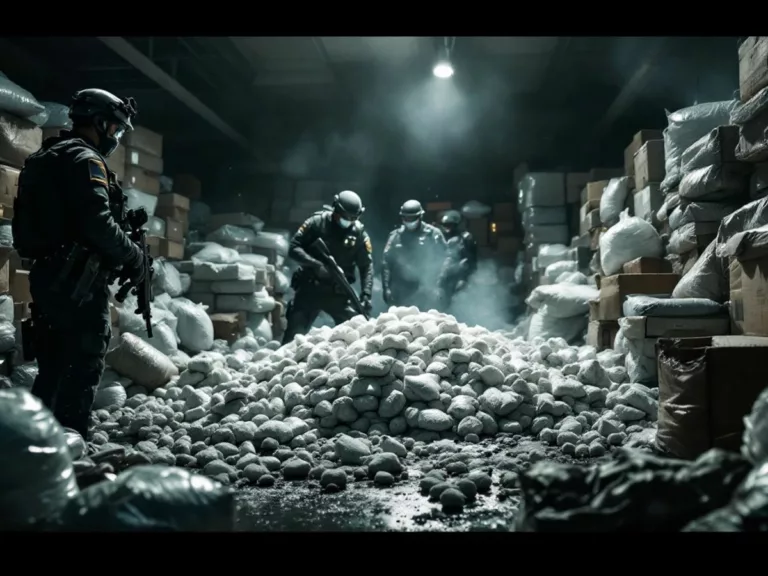 Police officers inspecting a large stash of drugs.