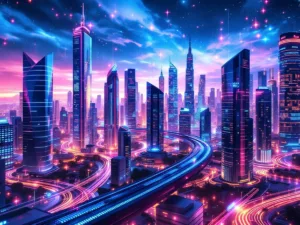 Futuristic city skyline with digital technology elements.