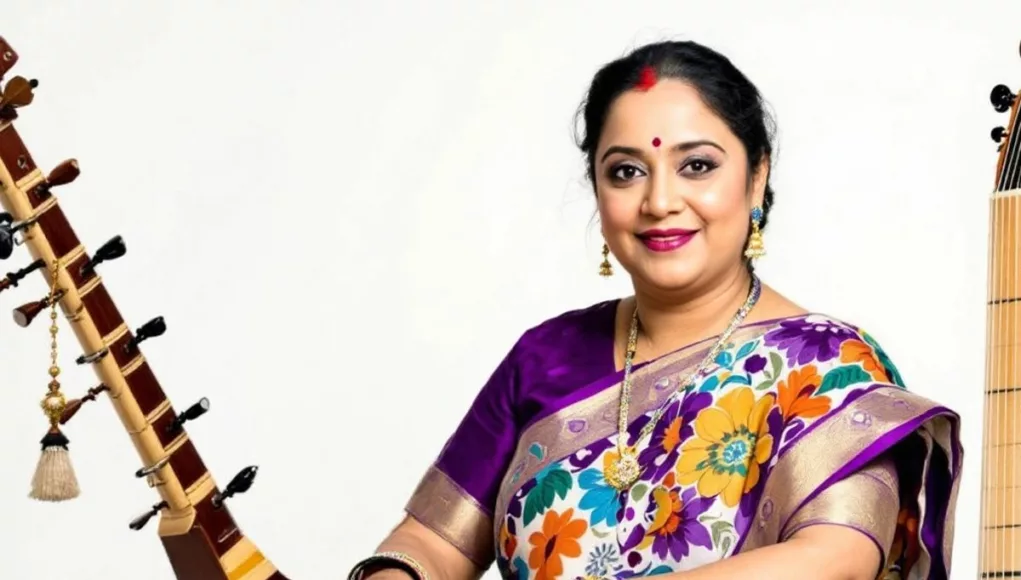 Shubha Mudgal in traditional attire with musical instruments.