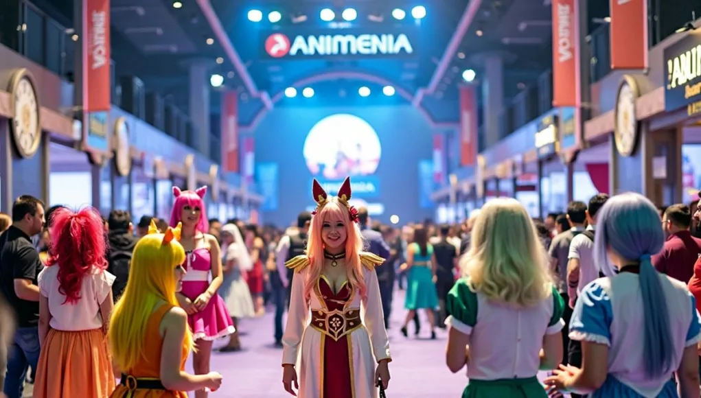 Cosplayers in colorful costumes at Animenia Convention.