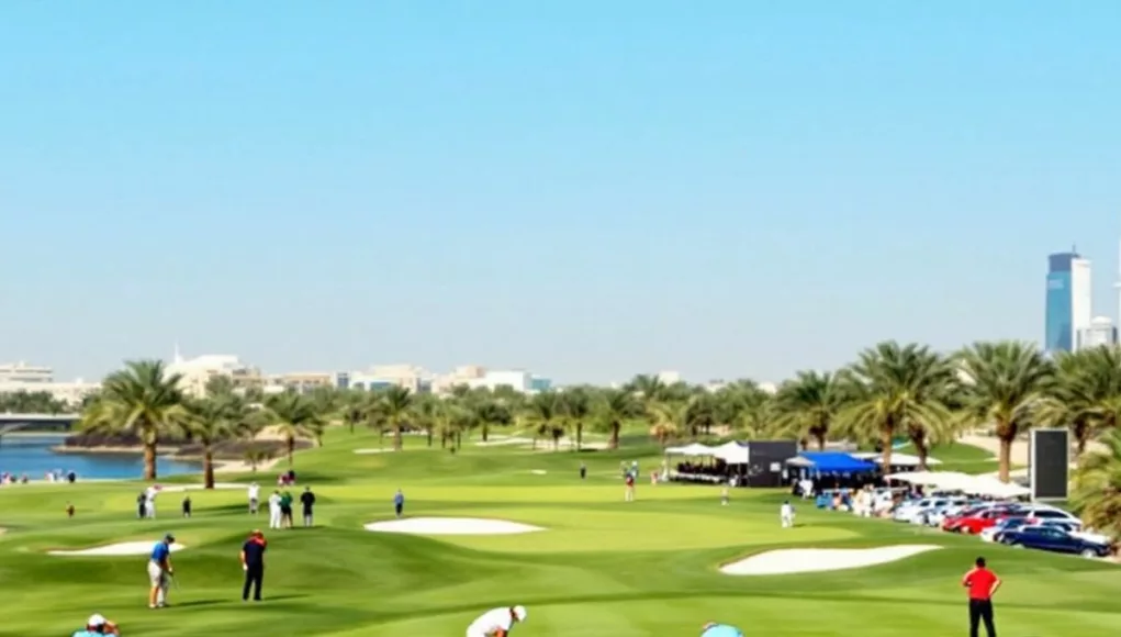 Golfers competing on a scenic UAE golf course.