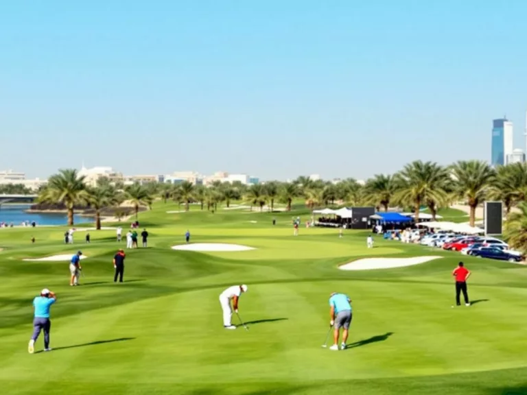 Golfers competing on a scenic UAE golf course.