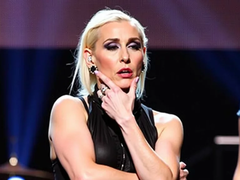 Gwen Stefani with an injured arm, looking concerned.