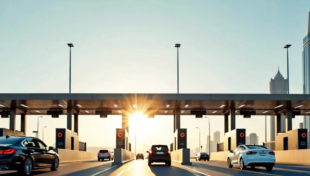 Modern Dubai toll gate with vehicles passing through.