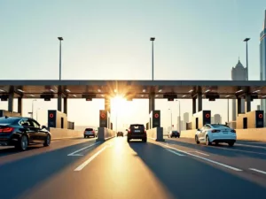 Modern Dubai toll gate with vehicles passing through.